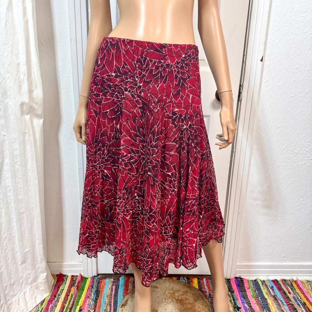 Y2K Red Botanical Floral Mesh High Low Midi Skirt Size 6 Vintage Feminine Flowy